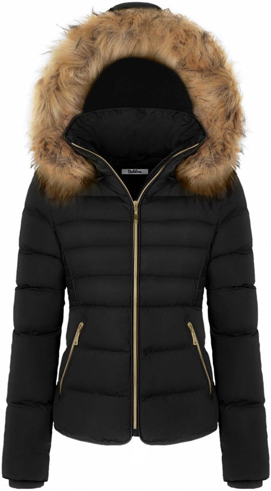 Kalart Women's Fur Hooded Puffer Jacket With Zipper Fleece Lining