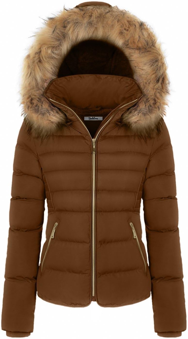 Kalart Women's Fur Hooded Puffer Jacket With Zipper Fleece Lining