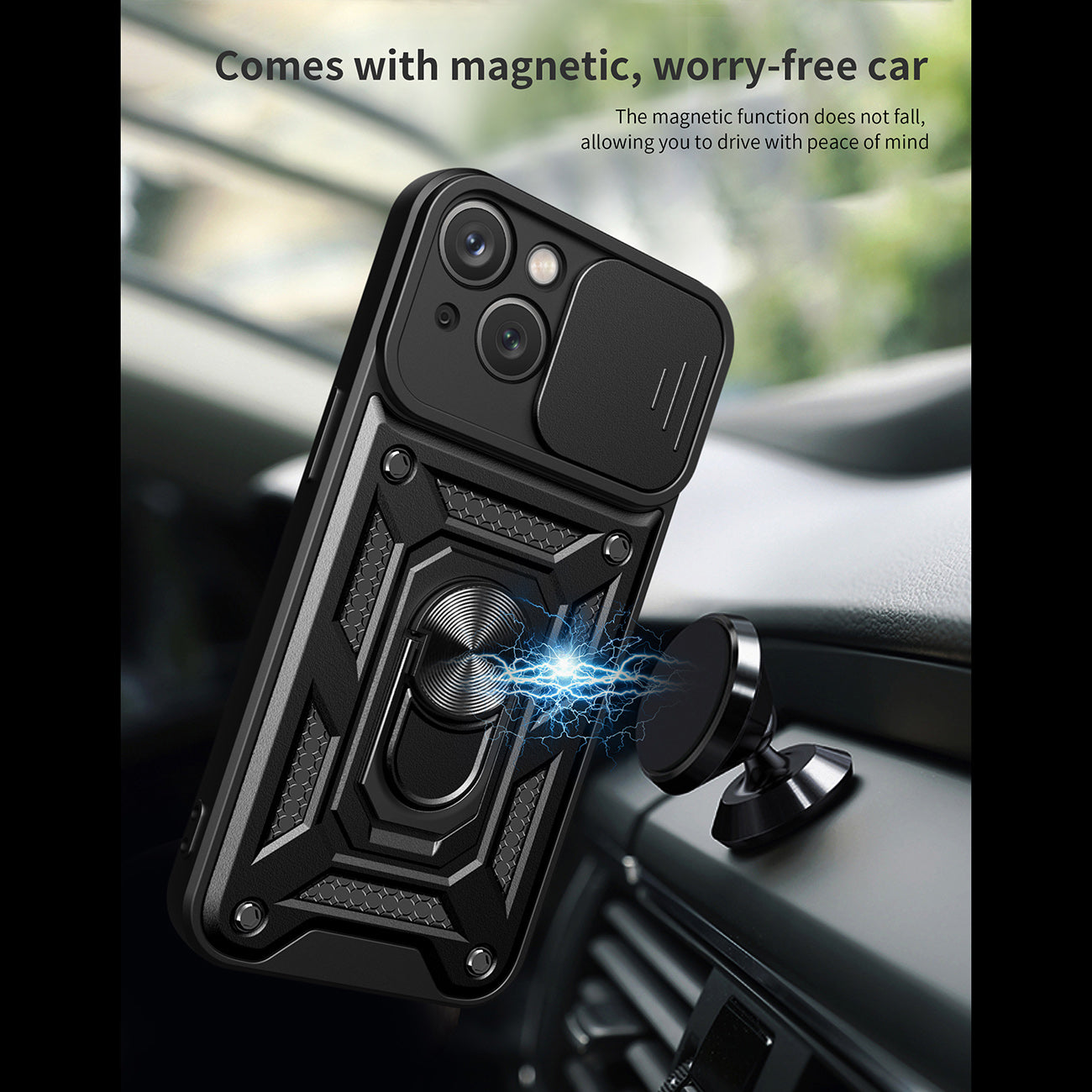 Kickstand Ring Holder with Slide Camera Cover TPU Magnetic Car Mount for APPLE IPHONE 15