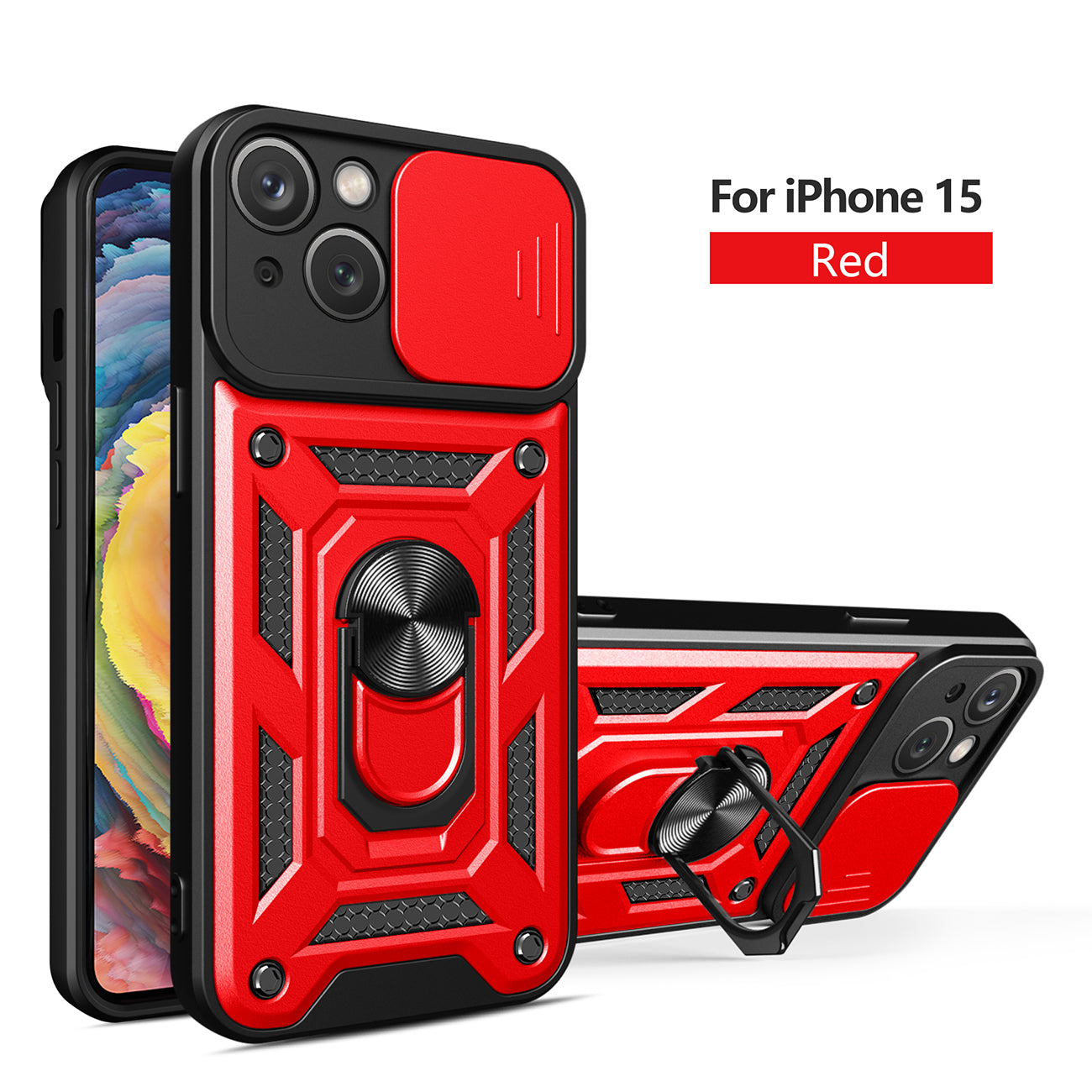 Kickstand Ring Holder with Slide Camera Cover TPU Magnetic Car Mount for APPLE IPHONE 15